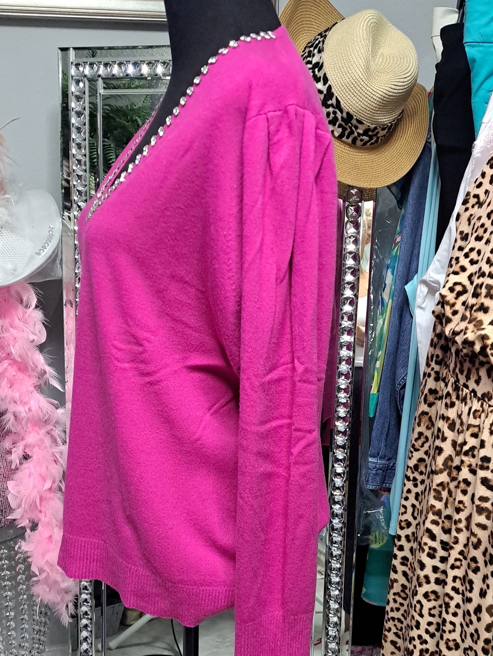 LIV Fuchsia V-Neck Sweater with Studded Detail - Picture 7 of 8